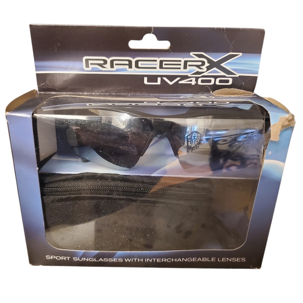 Racer X UV400‎ Sport Sunglasses with 3 pairs Interchangeable Lenses & case NEW